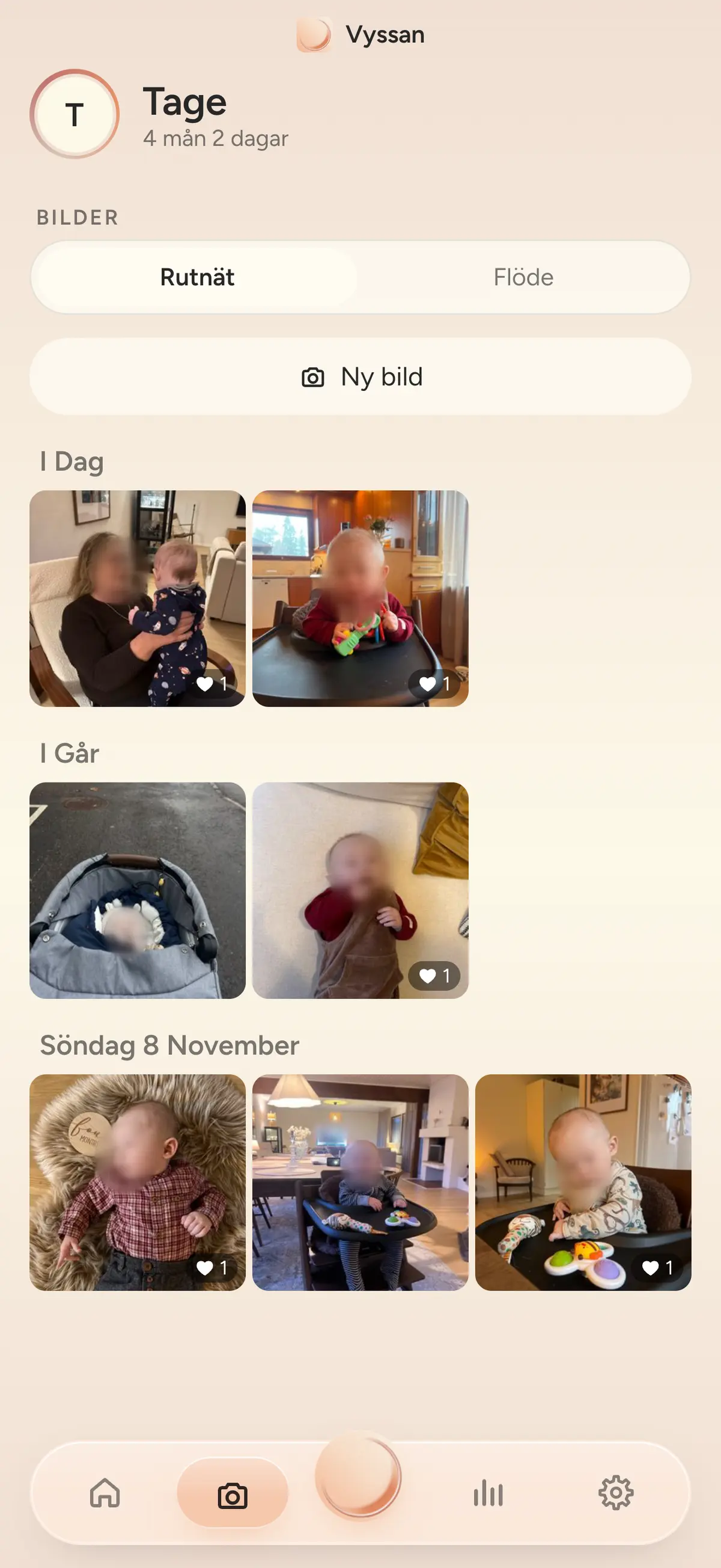 Alla bilder, sorterade per dag med hjärtan på varje bild.